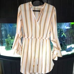 Blush Brand White w Yellow, blue stripes, flowy sleeve, XL NEW